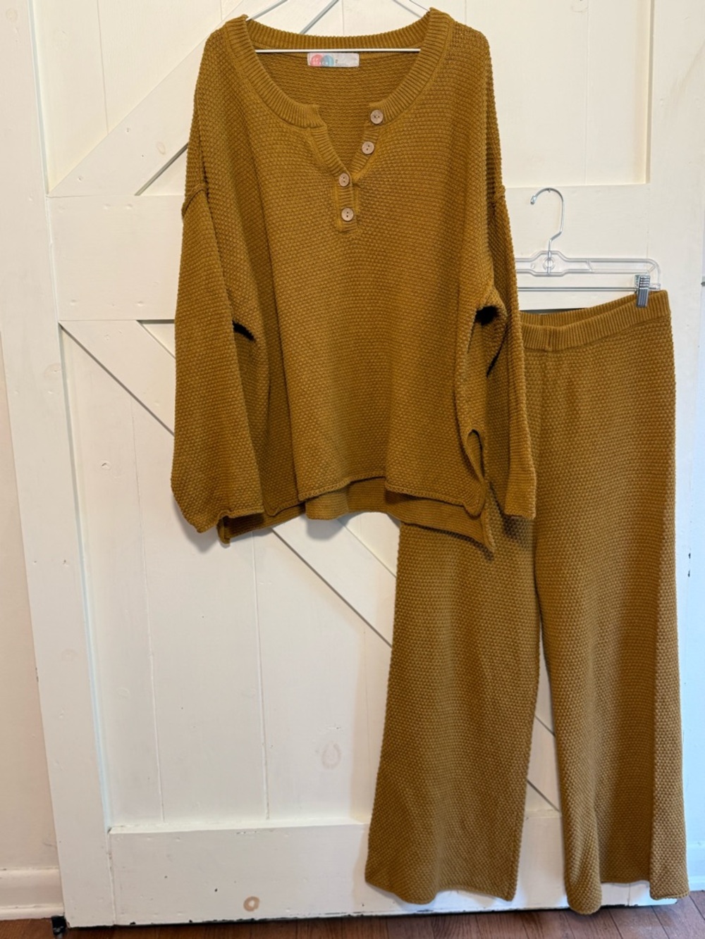 Free People Beach Hailee Sweater Set M Mustard Brown Waffle Knit Wide Leg Pants